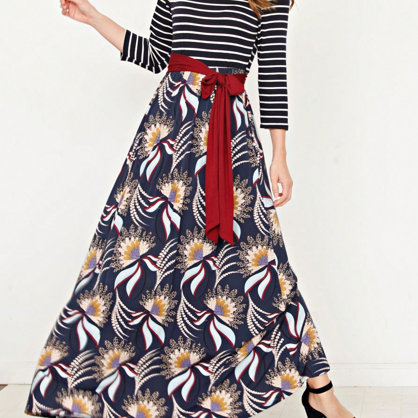 Multi Chevron Stripe Floral Sleeve Maxi Long Dress With Pocket | S-3X