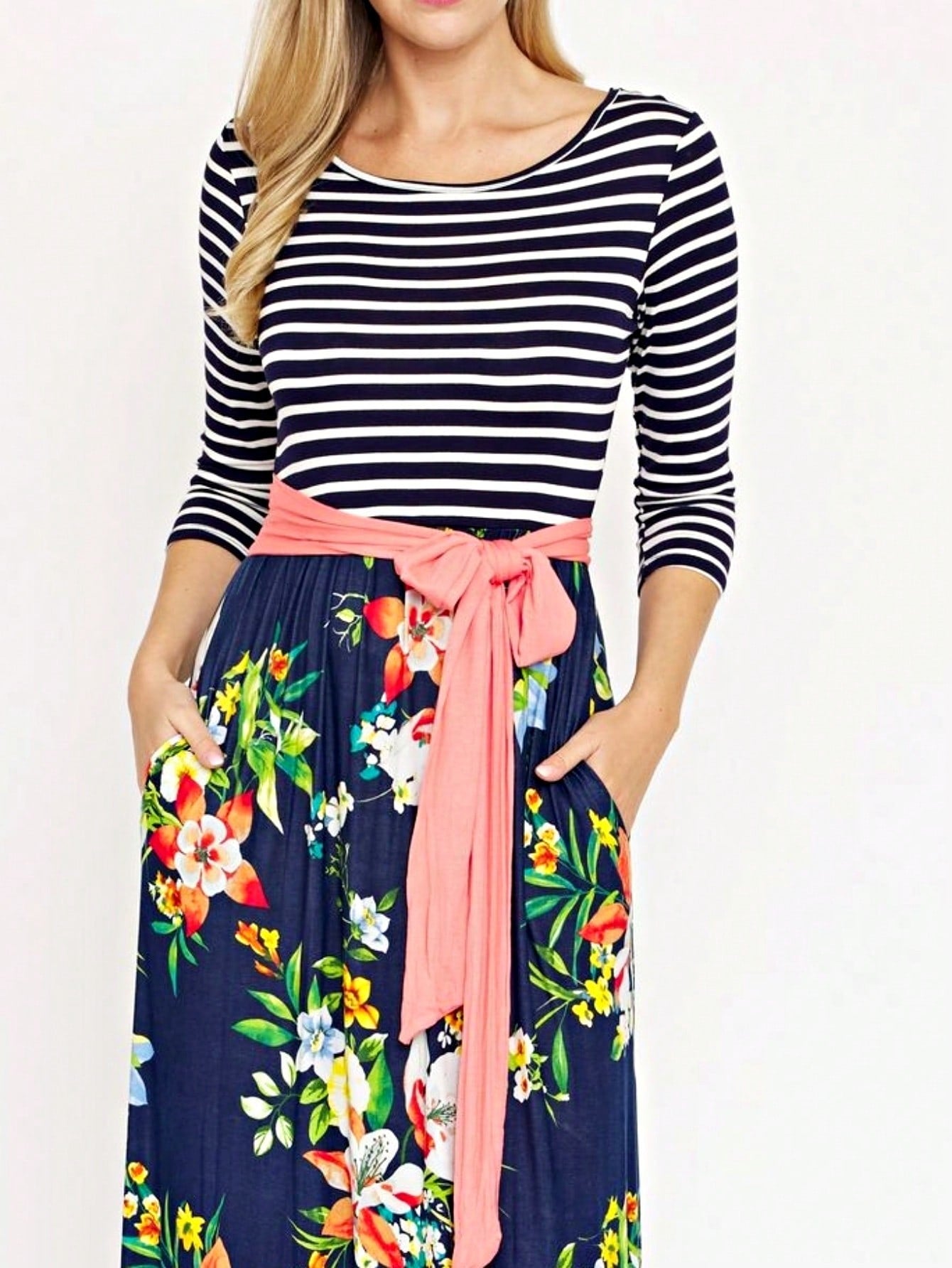 Multi Chevron Stripe Floral Sleeve Maxi Long Dress With Pocket | S-3X