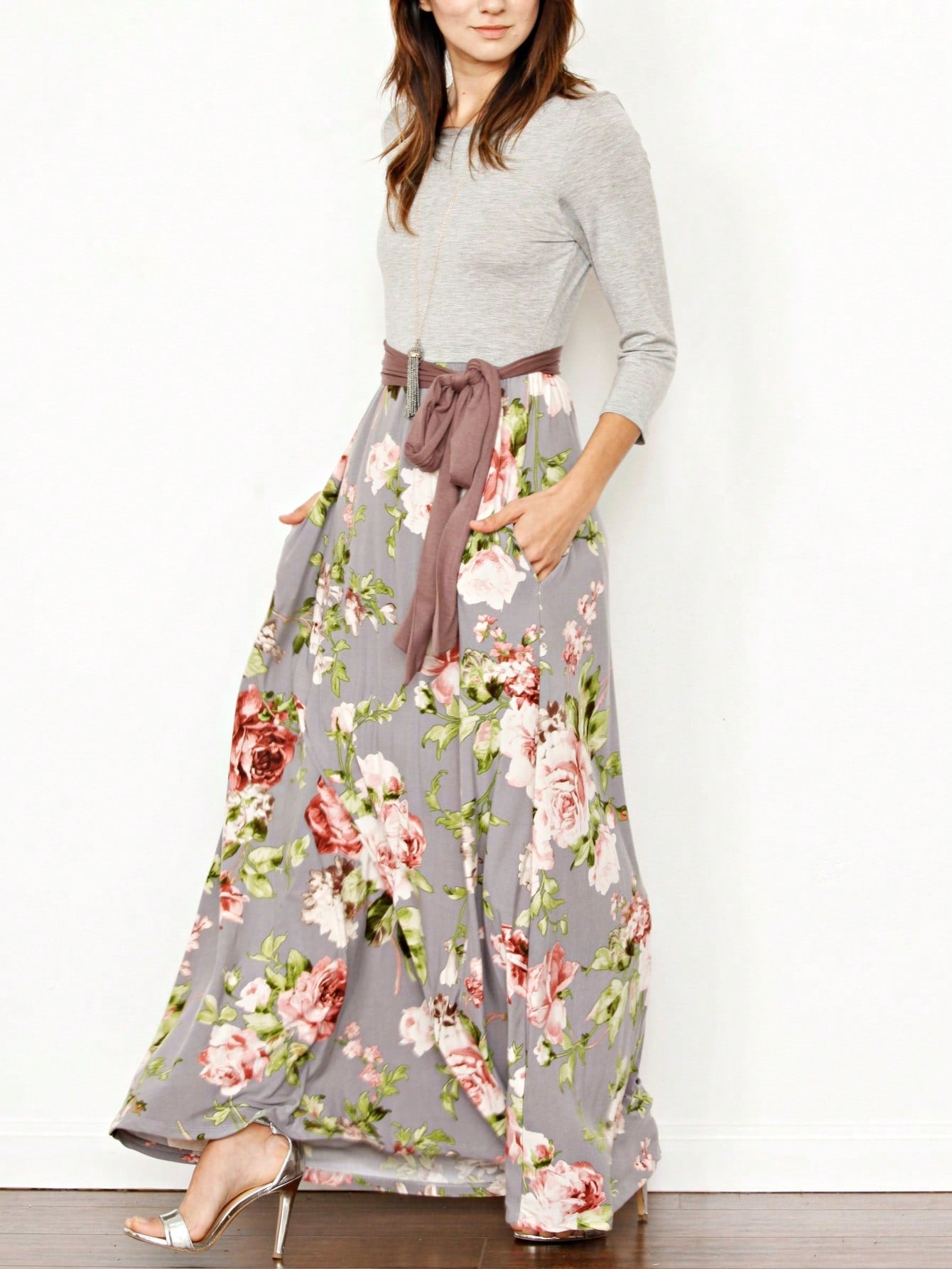 Multi Chevron Stripe Floral Sleeve Maxi Long Dress With Pocket | S-3X