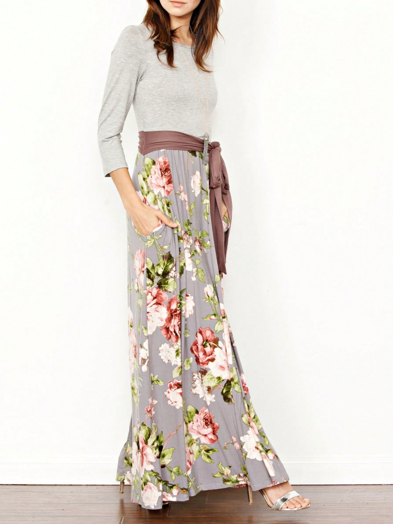 Multi Chevron Stripe Floral Sleeve Maxi Long Dress With Pocket | S-3X