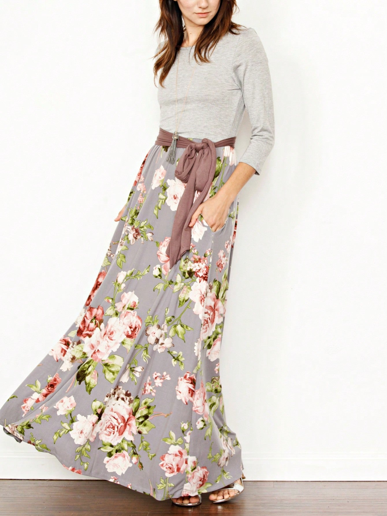 Multi Chevron Stripe Floral Sleeve Maxi Long Dress With Pocket | S-3X