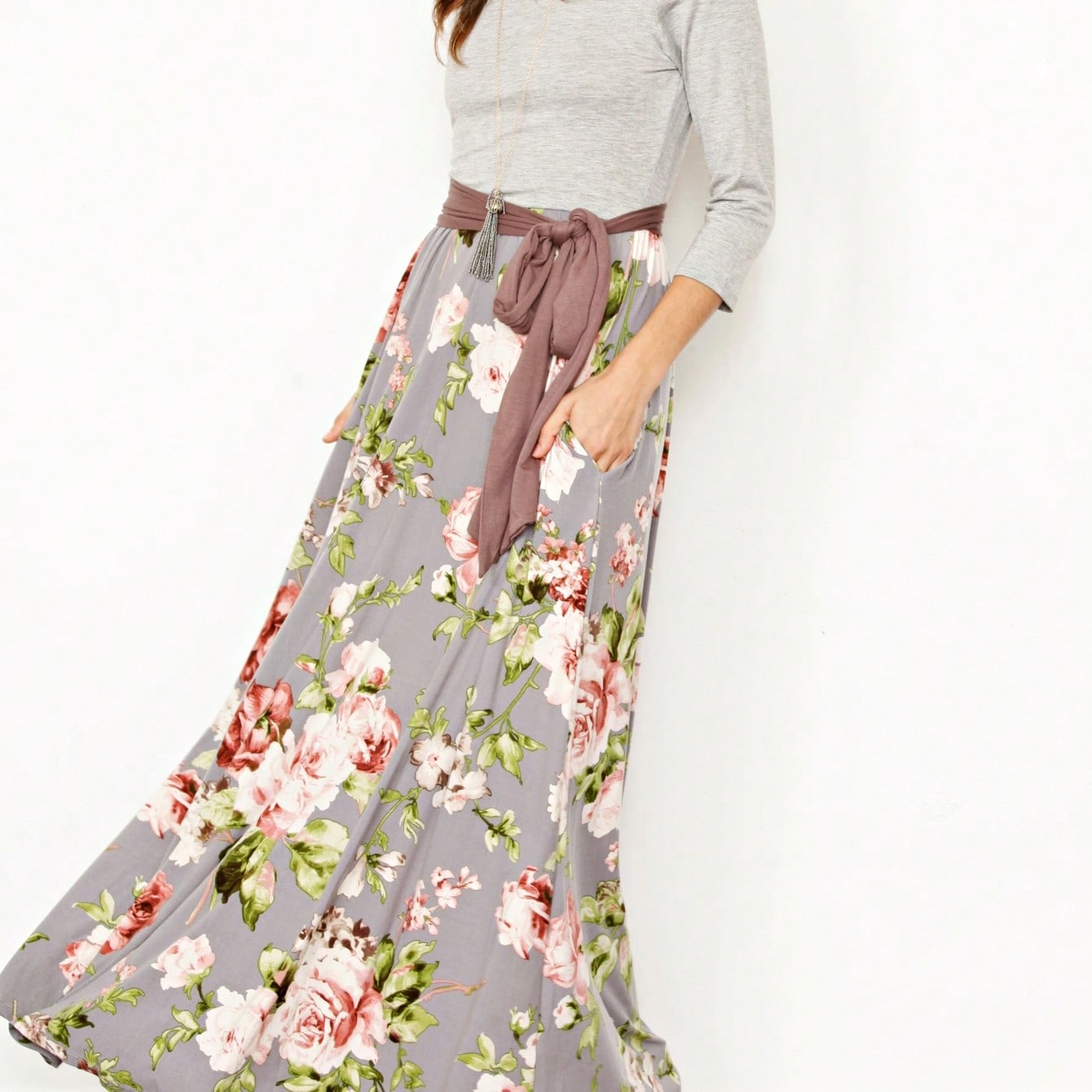Multi Chevron Stripe Floral Sleeve Maxi Long Dress With Pocket | S-3X