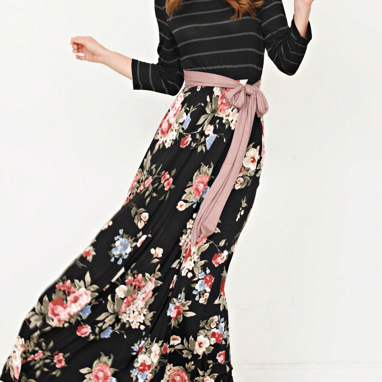 Multi Chevron Stripe Floral Sleeve Maxi Long Dress With Pocket | S-3X