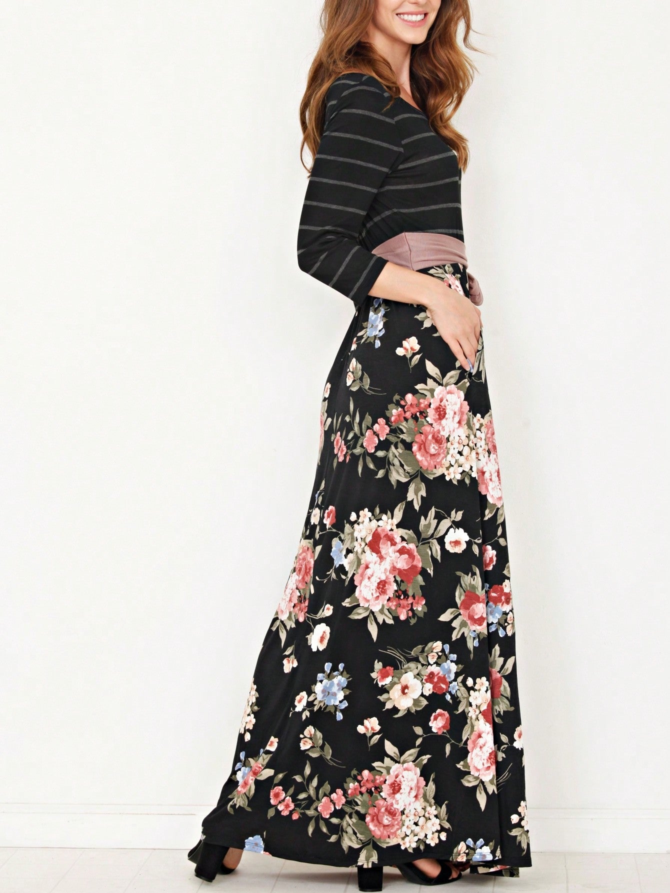 Multi Chevron Stripe Floral Sleeve Maxi Long Dress With Pocket | S-3X