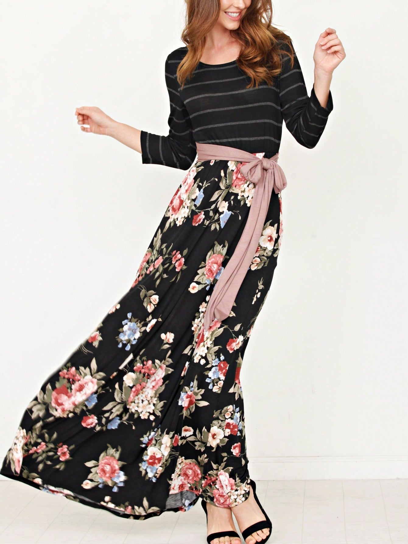 Multi Chevron Stripe Floral Sleeve Maxi Long Dress With Pocket | S-3X