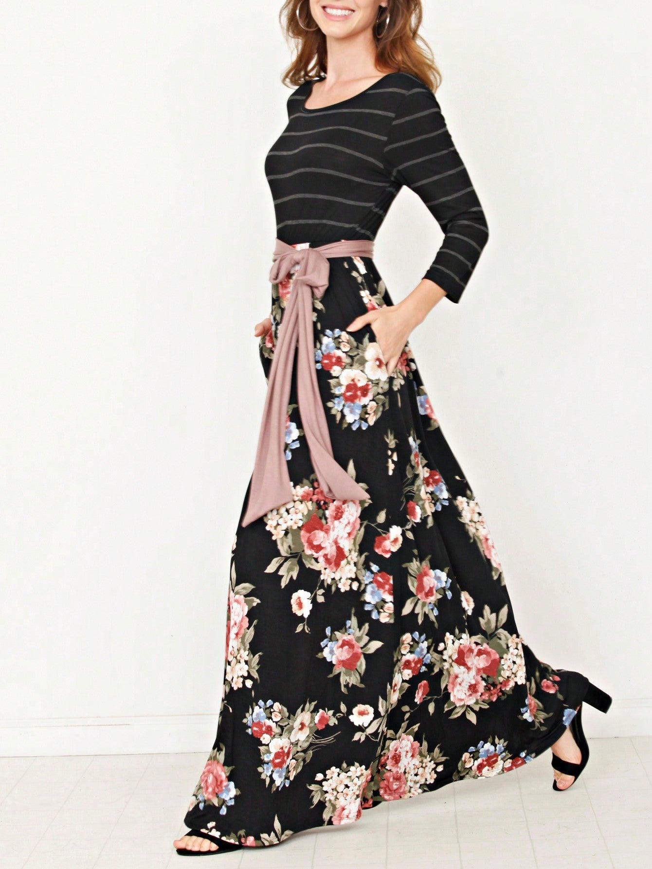 Multi Chevron Stripe Floral Sleeve Maxi Long Dress With Pocket | S-3X