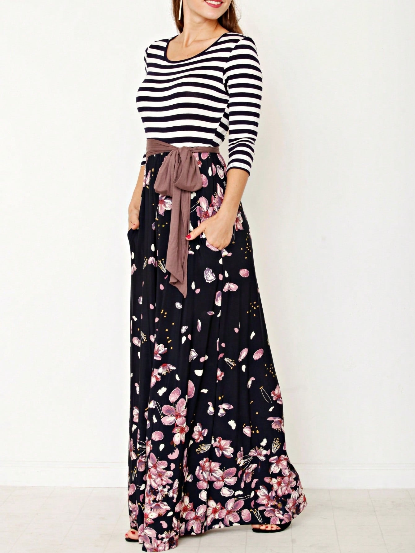 Multi Chevron Stripe Floral Sleeve Maxi Long Dress With Pocket | S-3X
