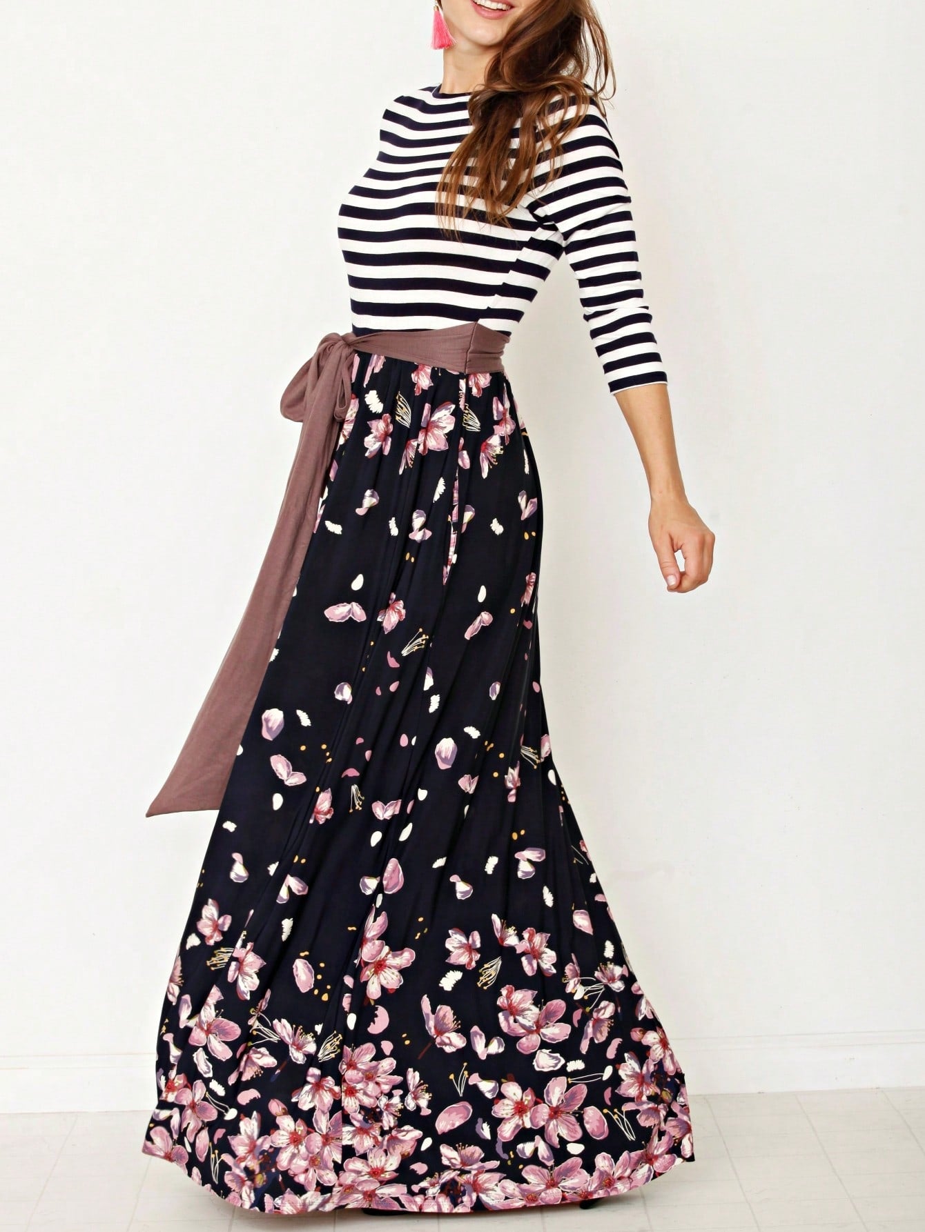 Multi Chevron Stripe Floral Sleeve Maxi Long Dress With Pocket | S-3X