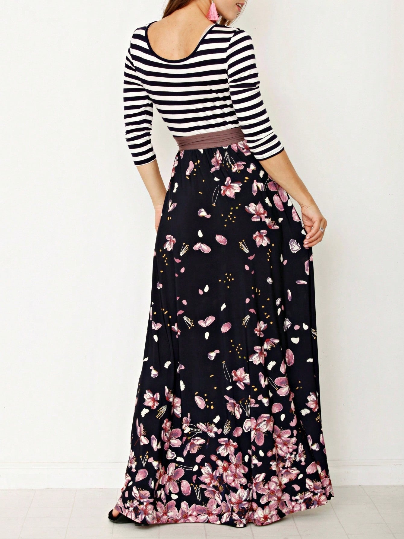 Multi Chevron Stripe Floral Sleeve Maxi Long Dress With Pocket | S-3X