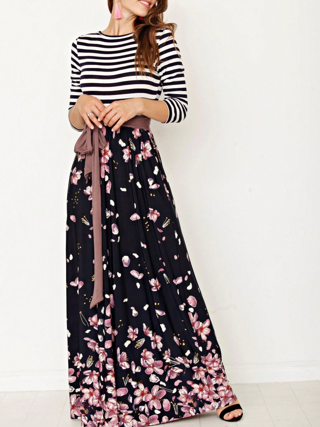 Multi Chevron Stripe Floral Sleeve Maxi Long Dress With Pocket | S-3X