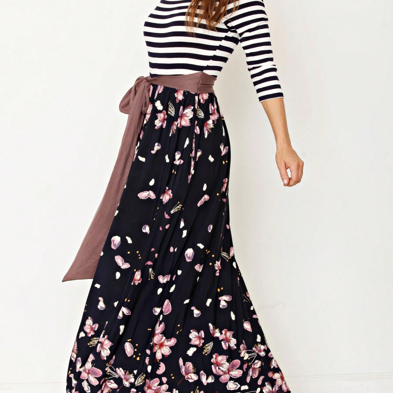 Multi Chevron Stripe Floral Sleeve Maxi Long Dress With Pocket | S-3X
