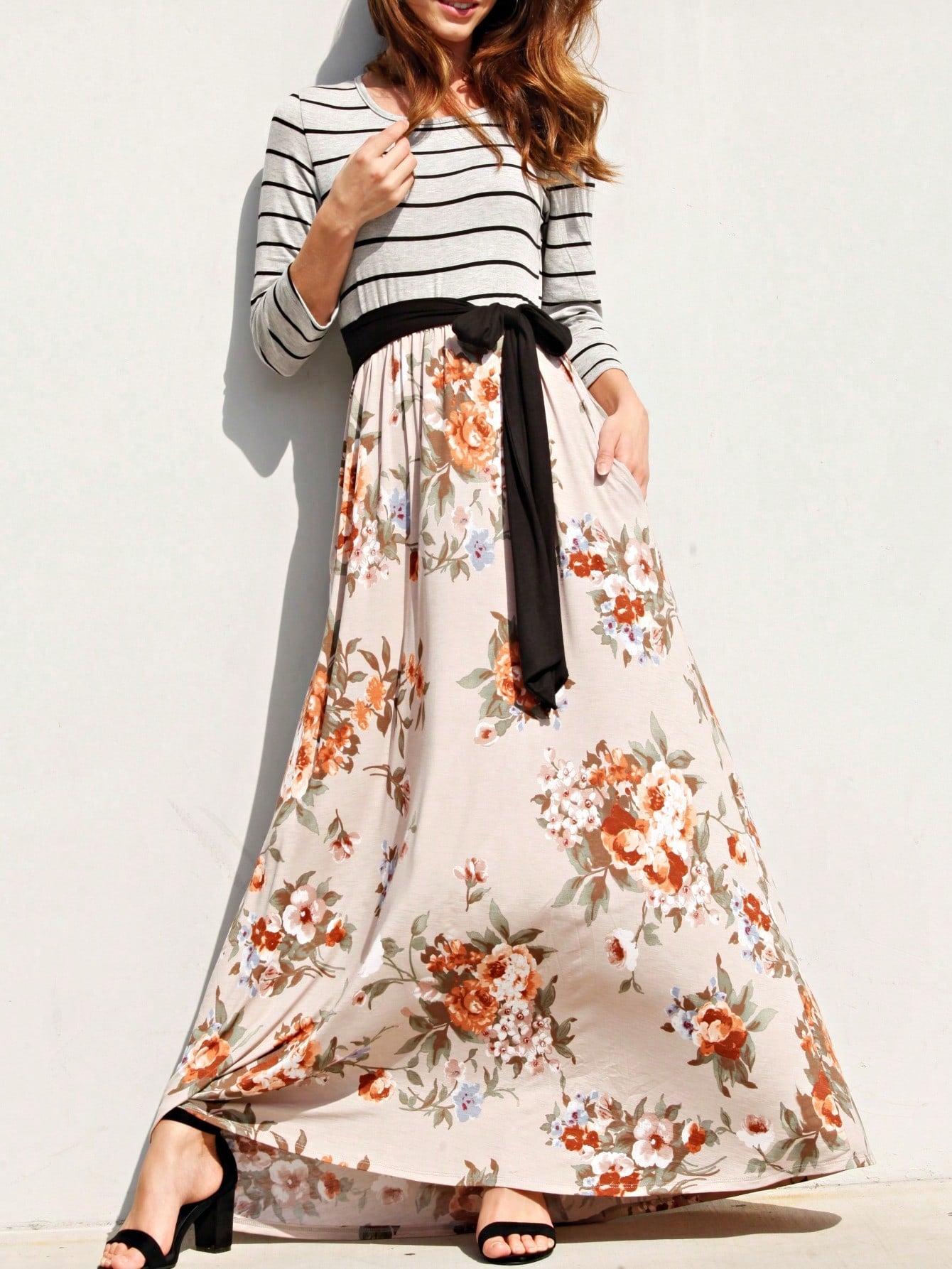 Multi Chevron Stripe Floral Sleeve Maxi Long Dress With Pocket | S-3X