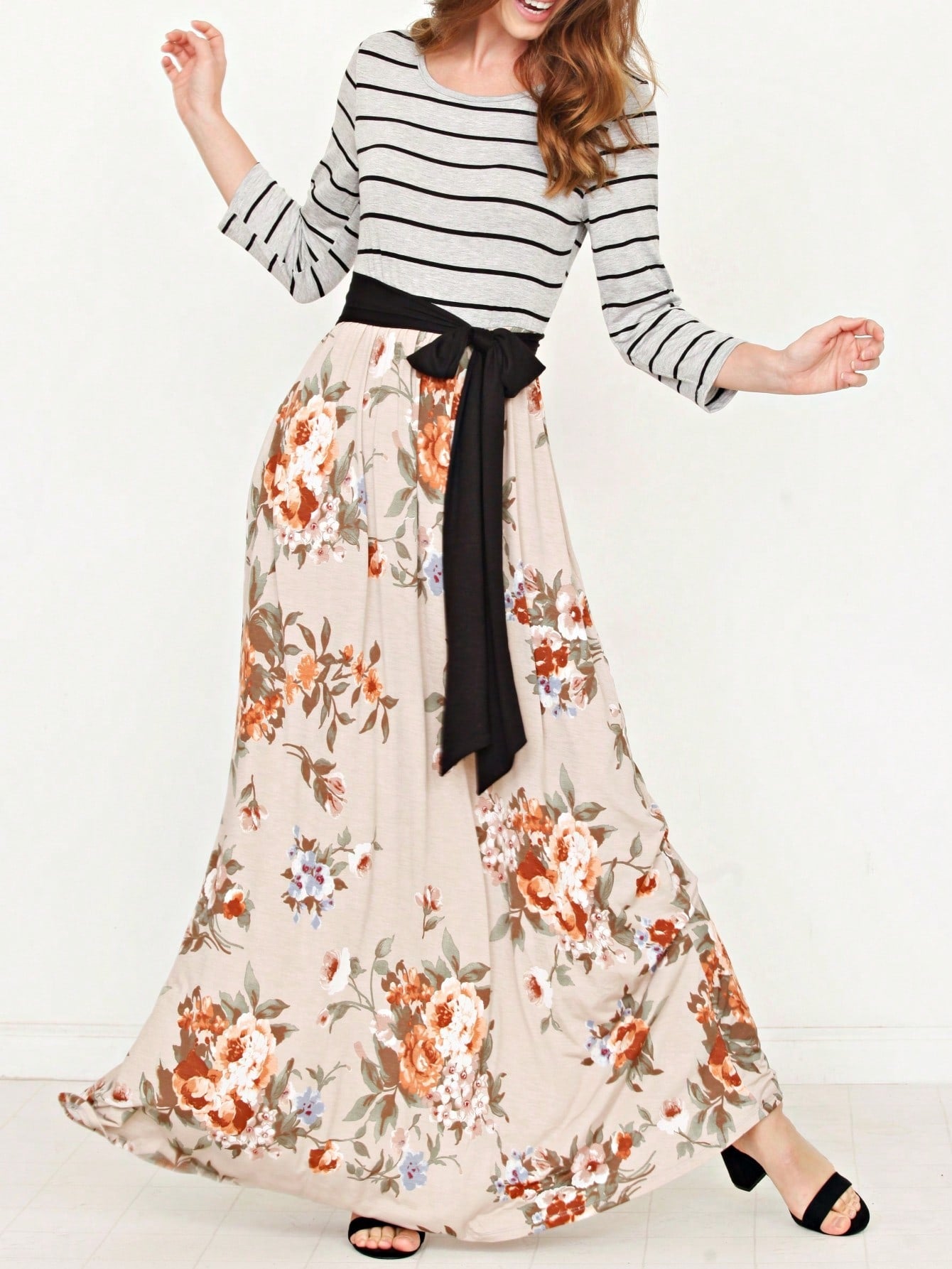 Multi Chevron Stripe Floral Sleeve Maxi Long Dress With Pocket | S-3X