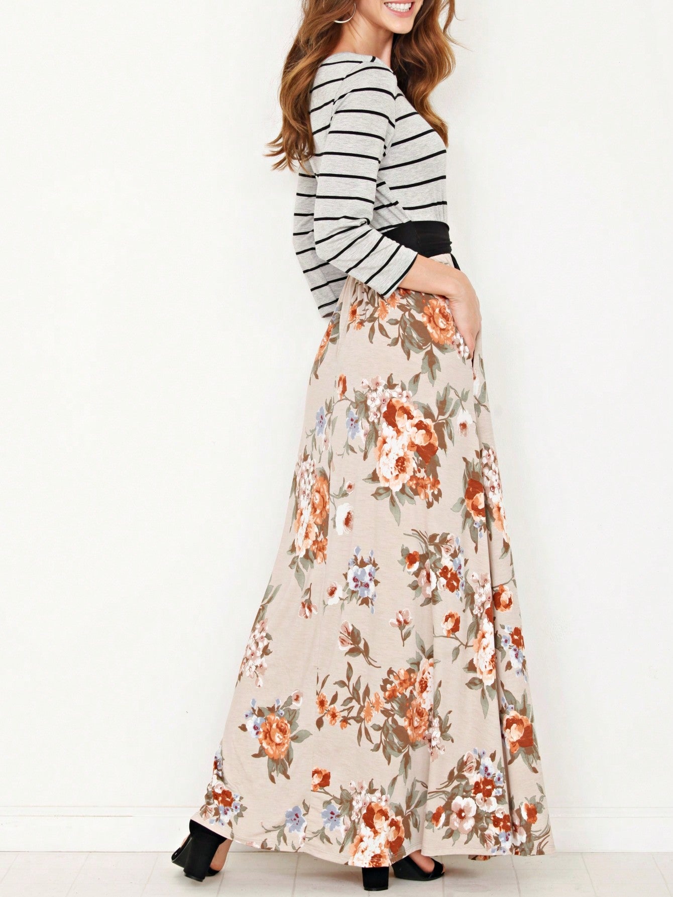 Multi Chevron Stripe Floral Sleeve Maxi Long Dress With Pocket | S-3X