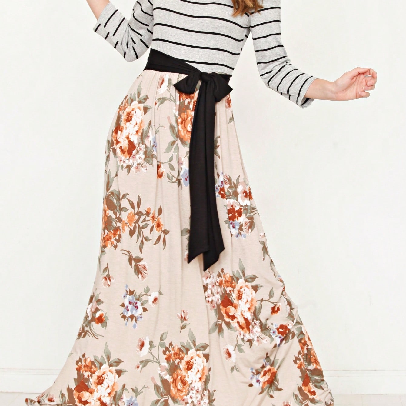Multi Chevron Stripe Floral Sleeve Maxi Long Dress With Pocket | S-3X