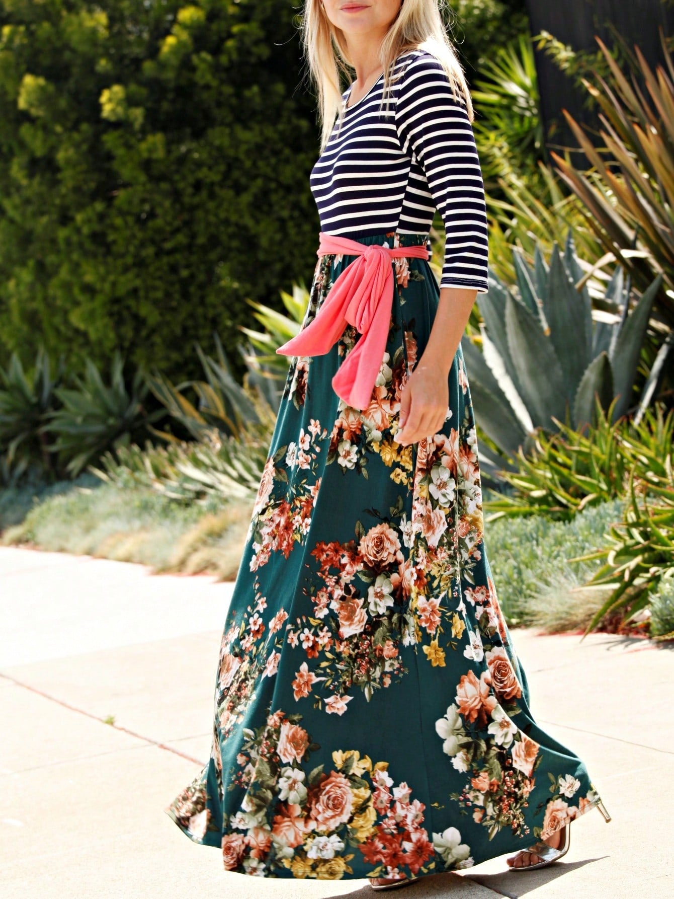 Multi Chevron Stripe Floral Sleeve Maxi Long Dress With Pocket | S-3X