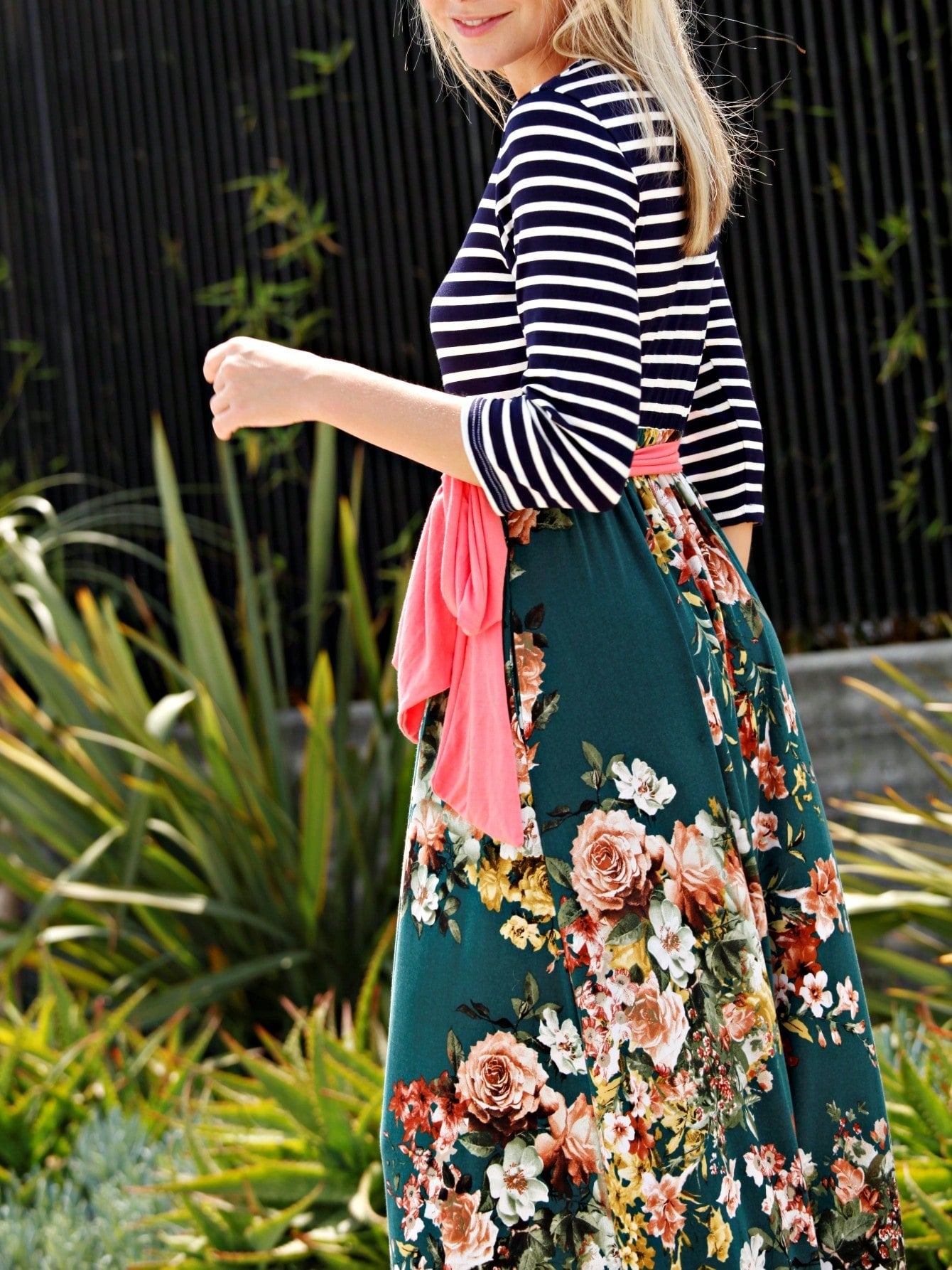 Multi Chevron Stripe Floral Sleeve Maxi Long Dress With Pocket | S-3X