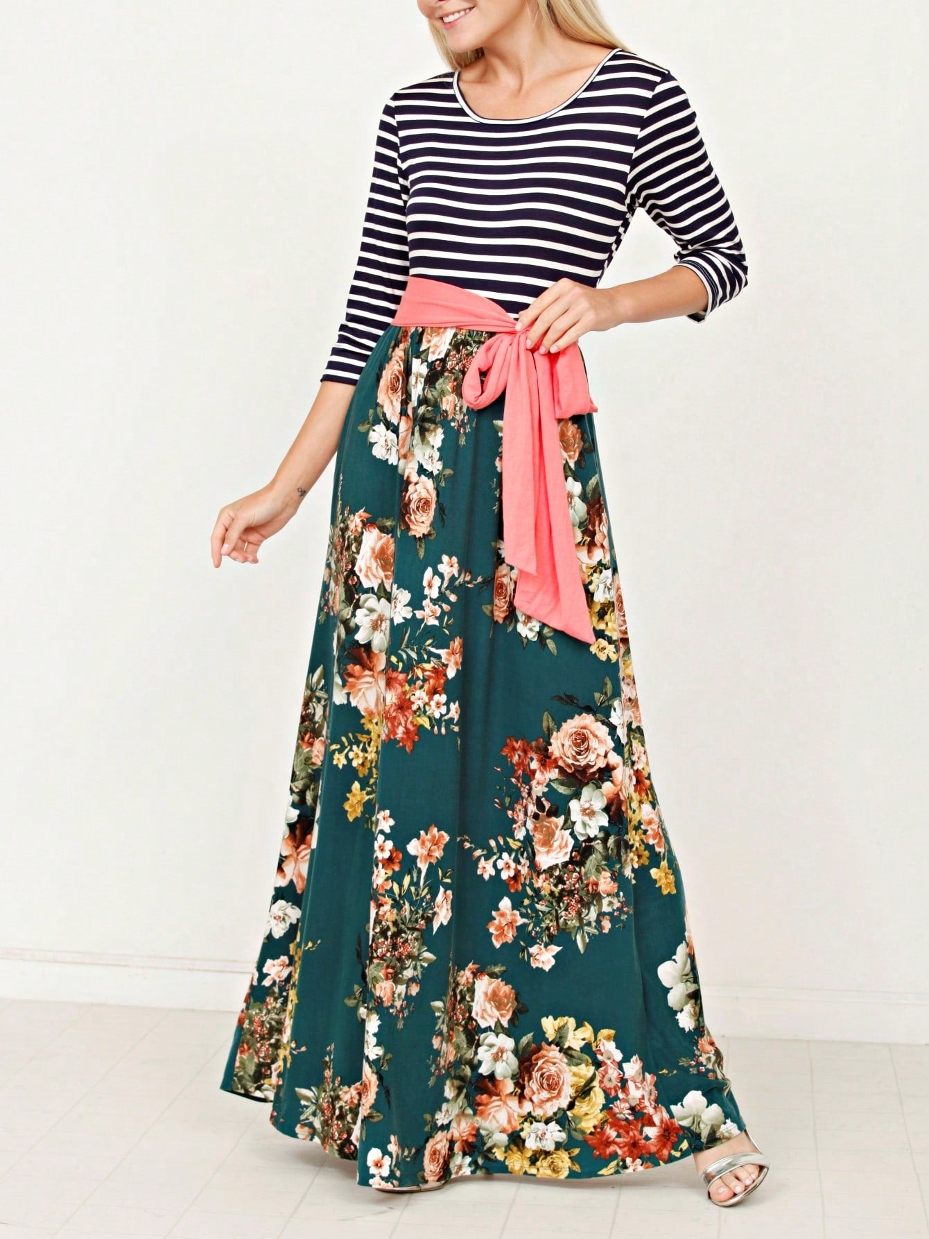 Multi Chevron Stripe Floral Sleeve Maxi Long Dress With Pocket | S-3X