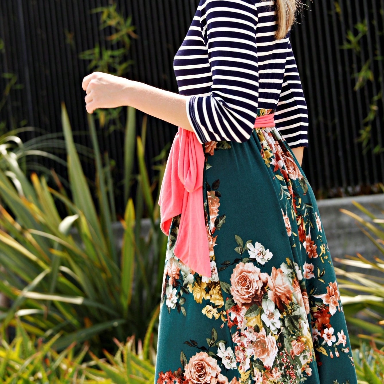 Multi Chevron Stripe Floral Sleeve Maxi Long Dress With Pocket | S-3X