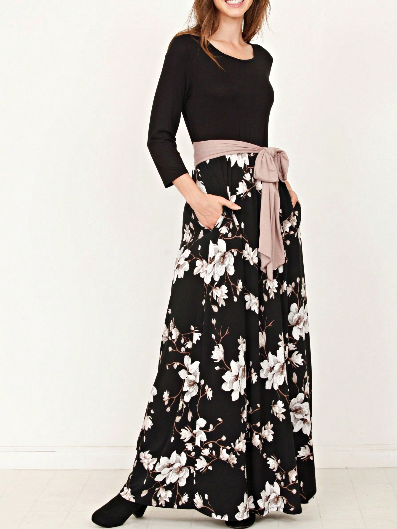Multi Chevron Stripe Floral Sleeve Maxi Long Dress With Pocket | S-3X