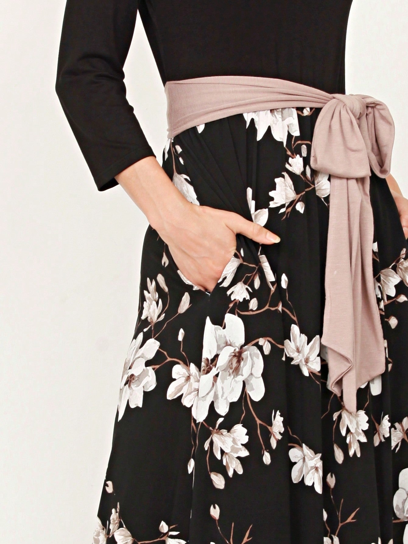 Multi Chevron Stripe Floral Sleeve Maxi Long Dress With Pocket | S-3X