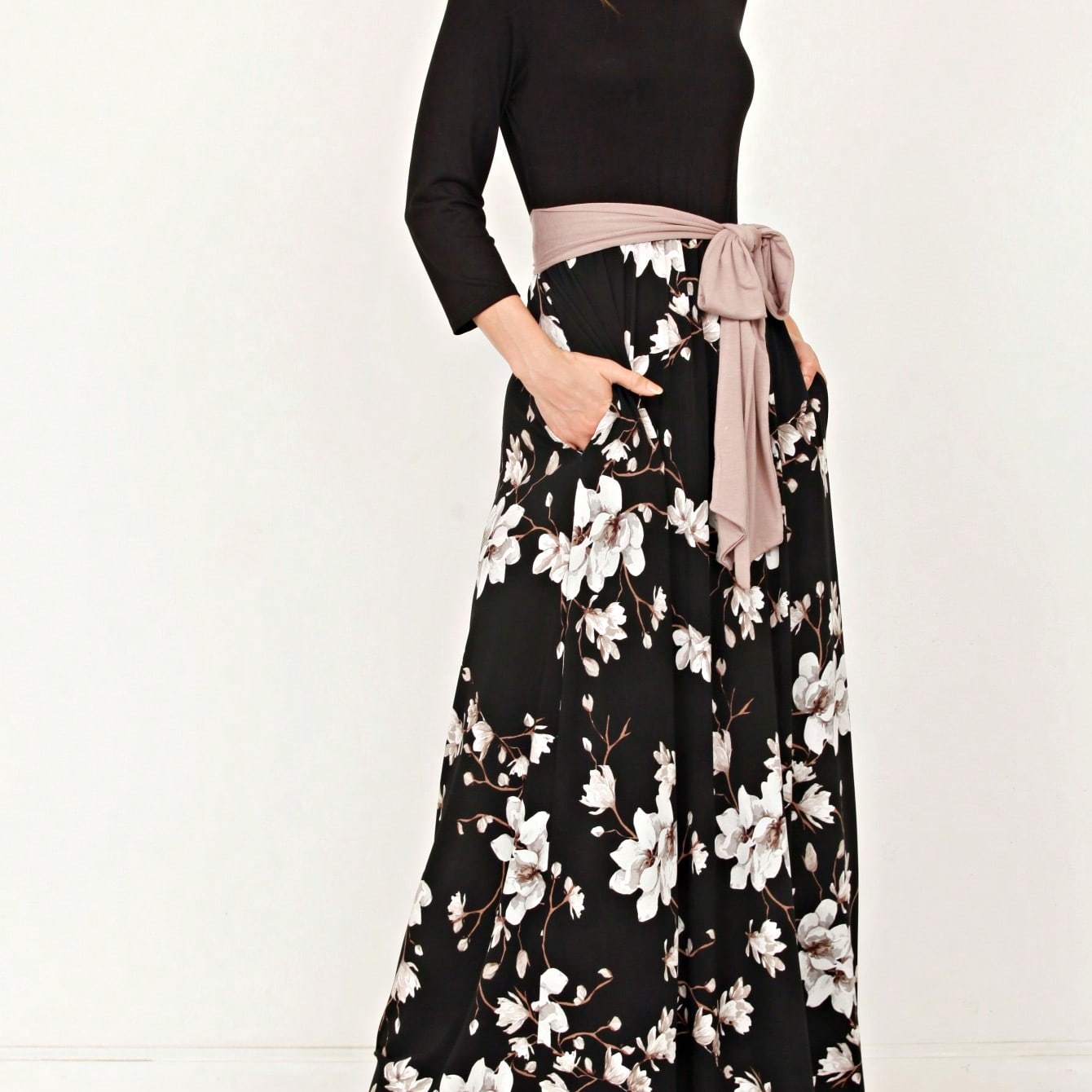 Multi Chevron Stripe Floral Sleeve Maxi Long Dress With Pocket | S-3X