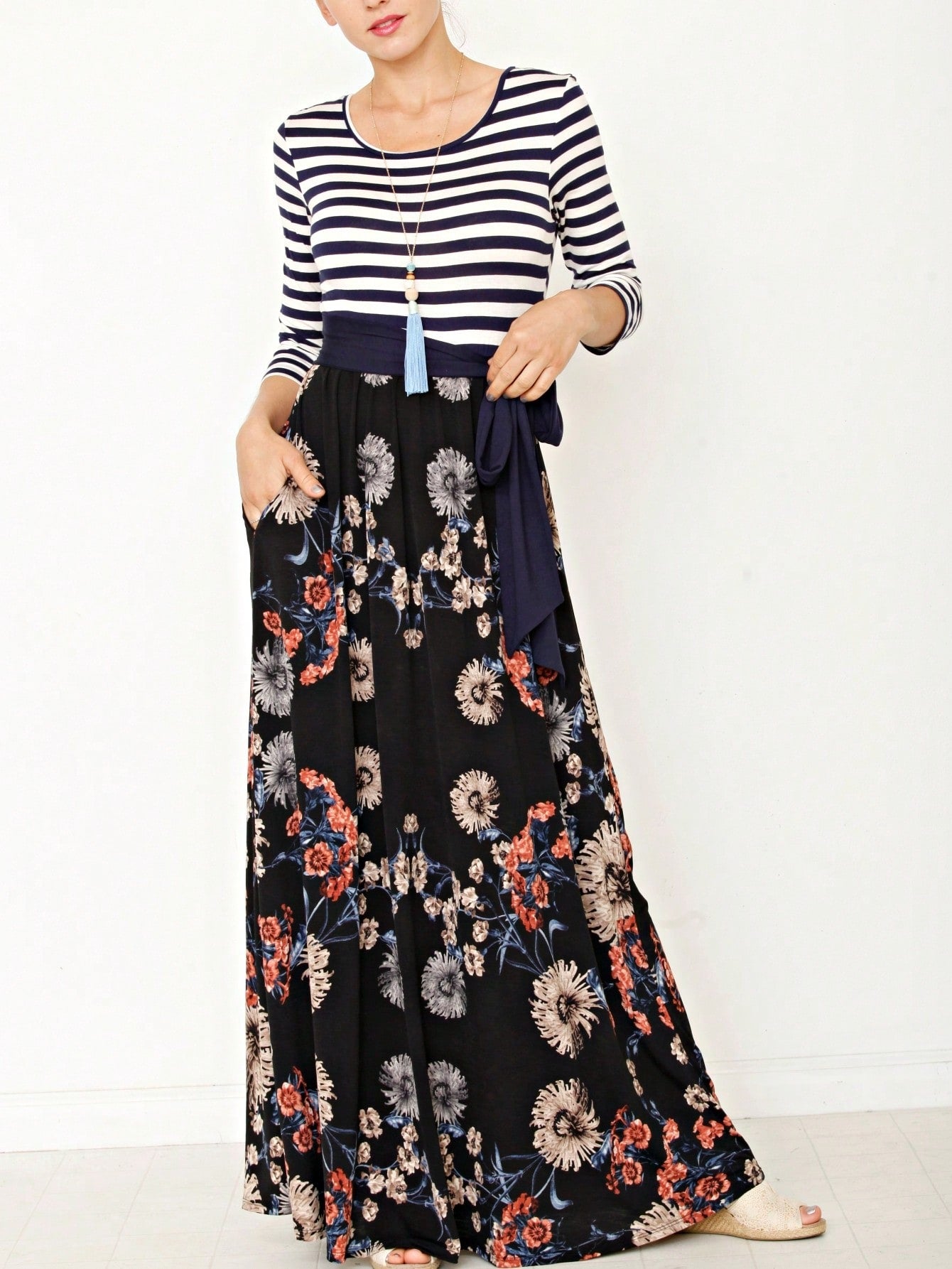 Multi Chevron Stripe Floral Sleeve Maxi Long Dress With Pocket | S-3X