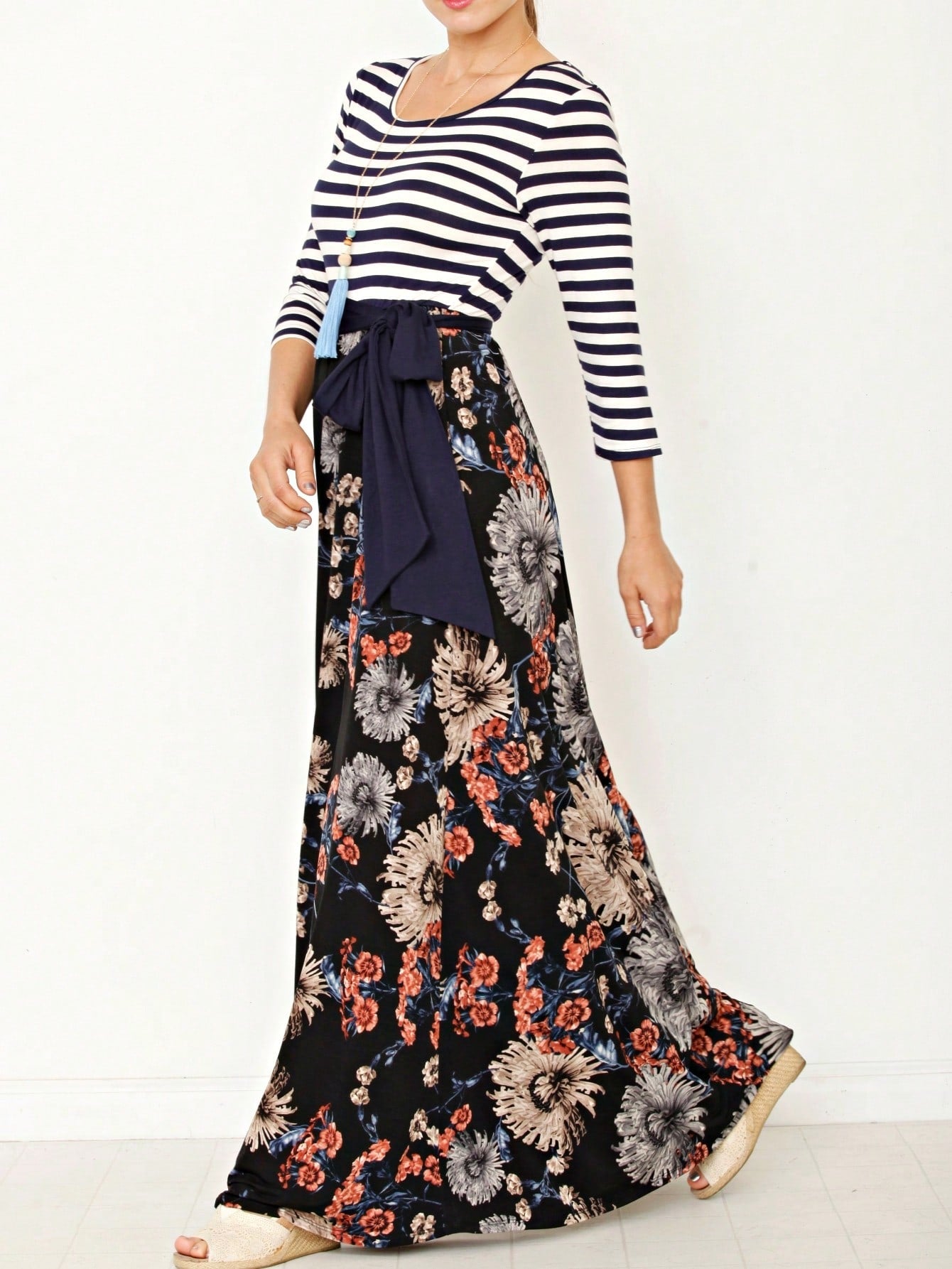 Multi Chevron Stripe Floral Sleeve Maxi Long Dress With Pocket | S-3X