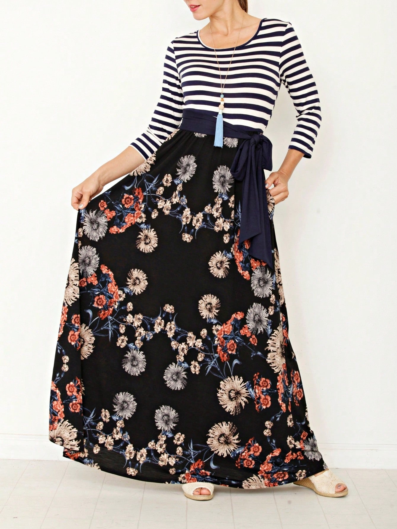 Multi Chevron Stripe Floral Sleeve Maxi Long Dress With Pocket | S-3X
