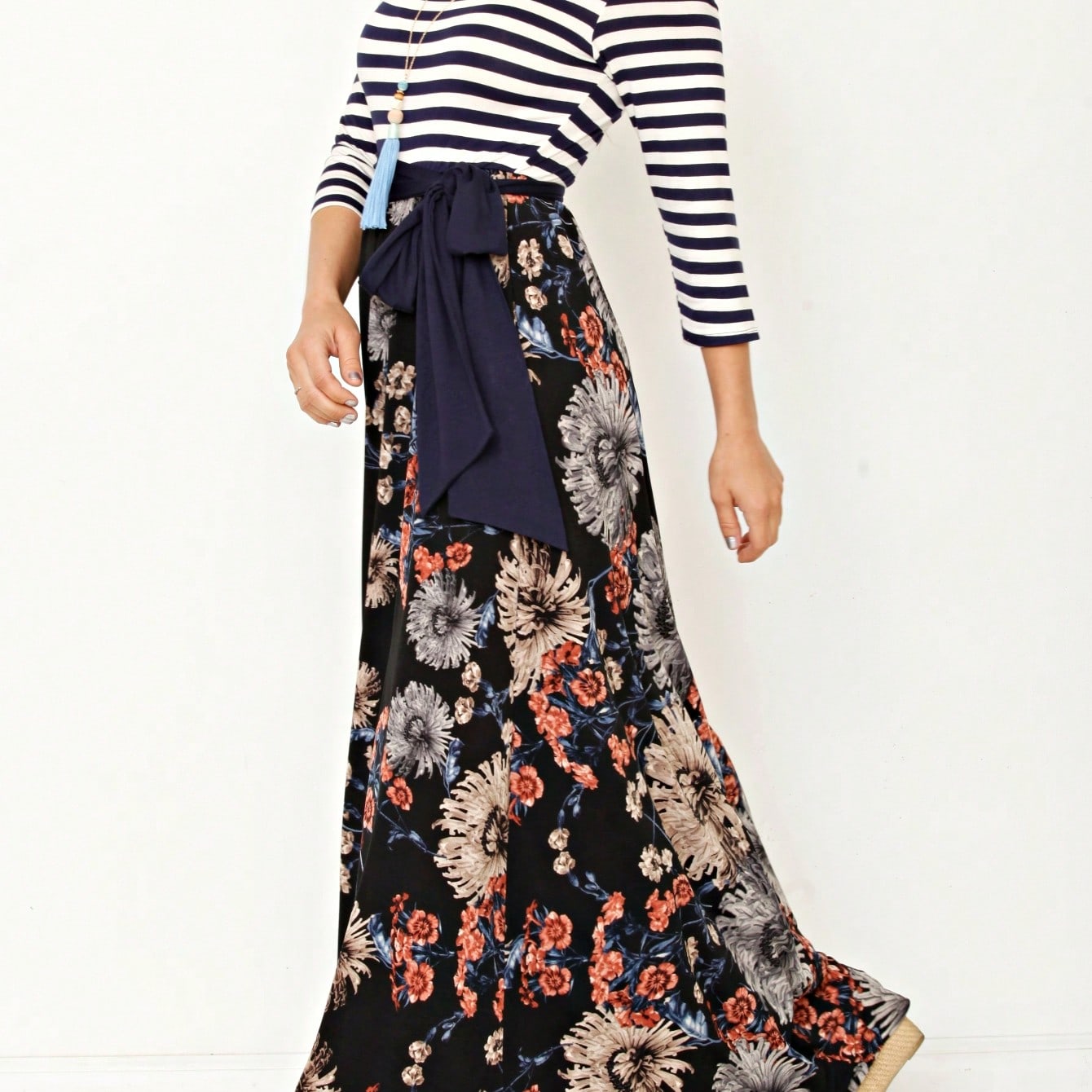 Multi Chevron Stripe Floral Sleeve Maxi Long Dress With Pocket | S-3X