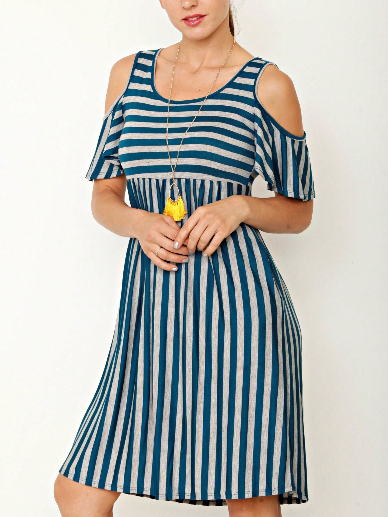 Boho Retro Gingham Rayon Summer Cool Soft Half Sleeve Ruffle Bell Stripe Midi Dress