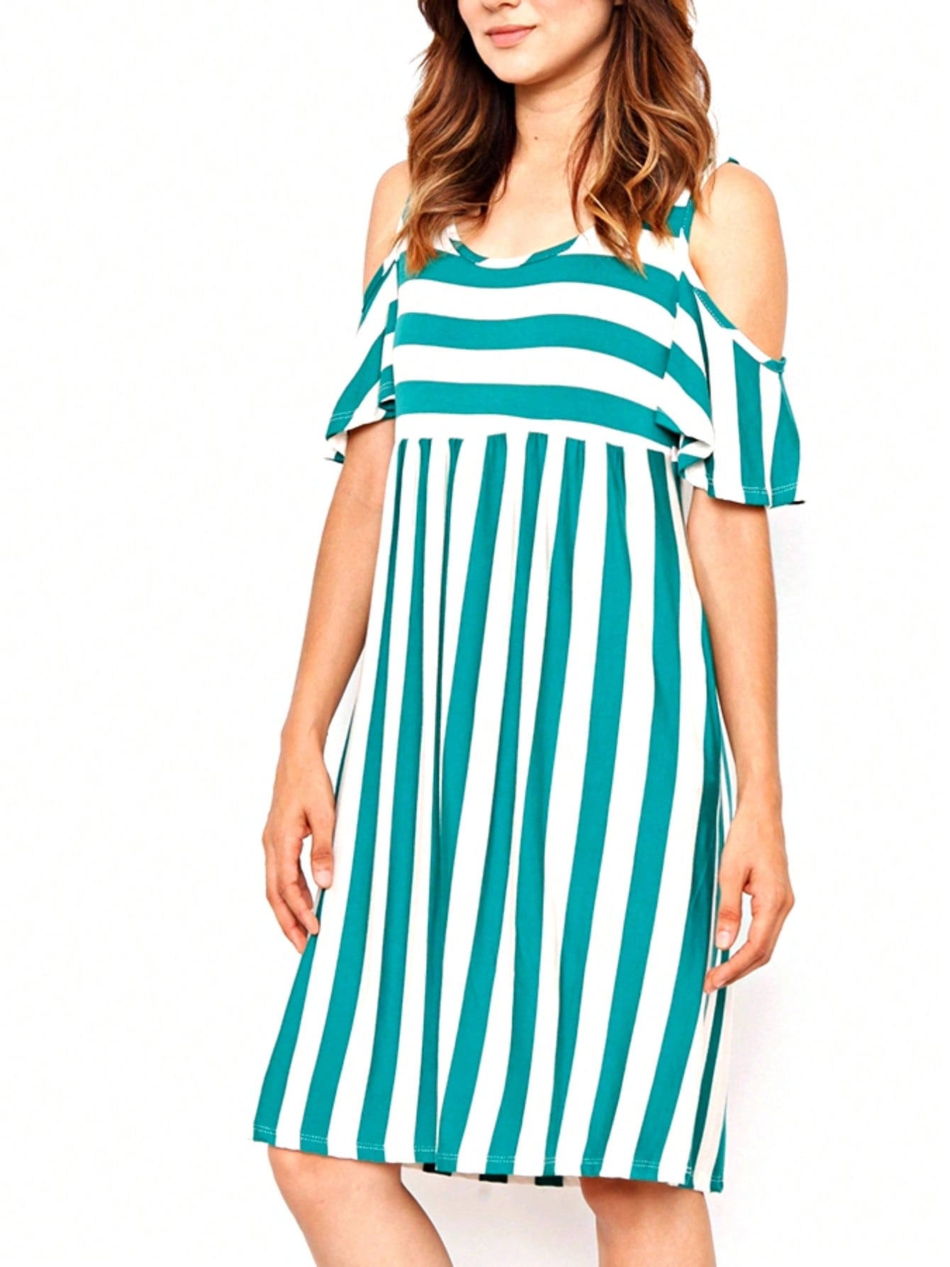 Boho Retro Gingham Rayon Summer Cool Soft Half Sleeve Ruffle Bell Stripe Midi Dress