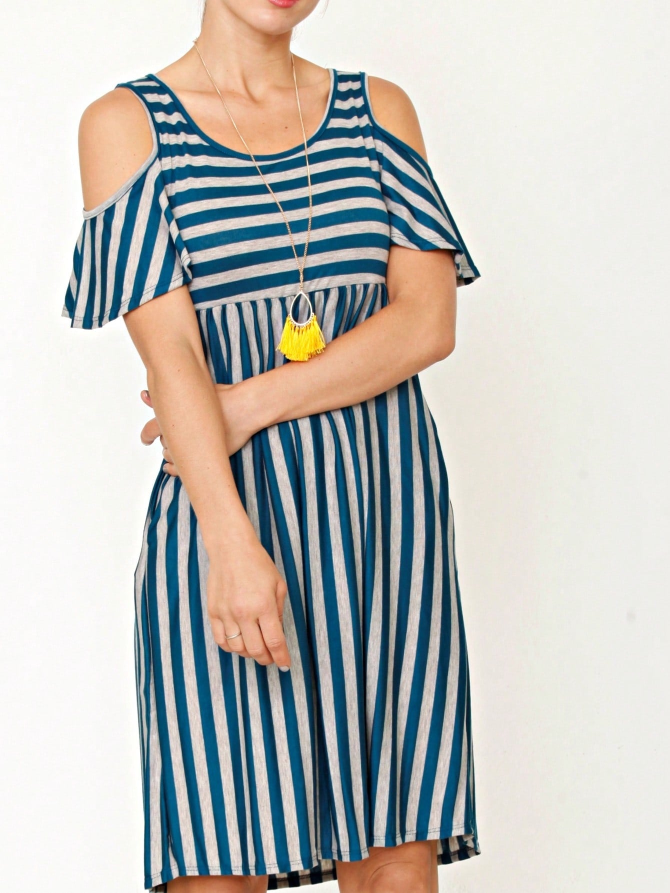 Boho Retro Gingham Rayon Summer Cool Soft Half Sleeve Ruffle Bell Stripe Midi Dress