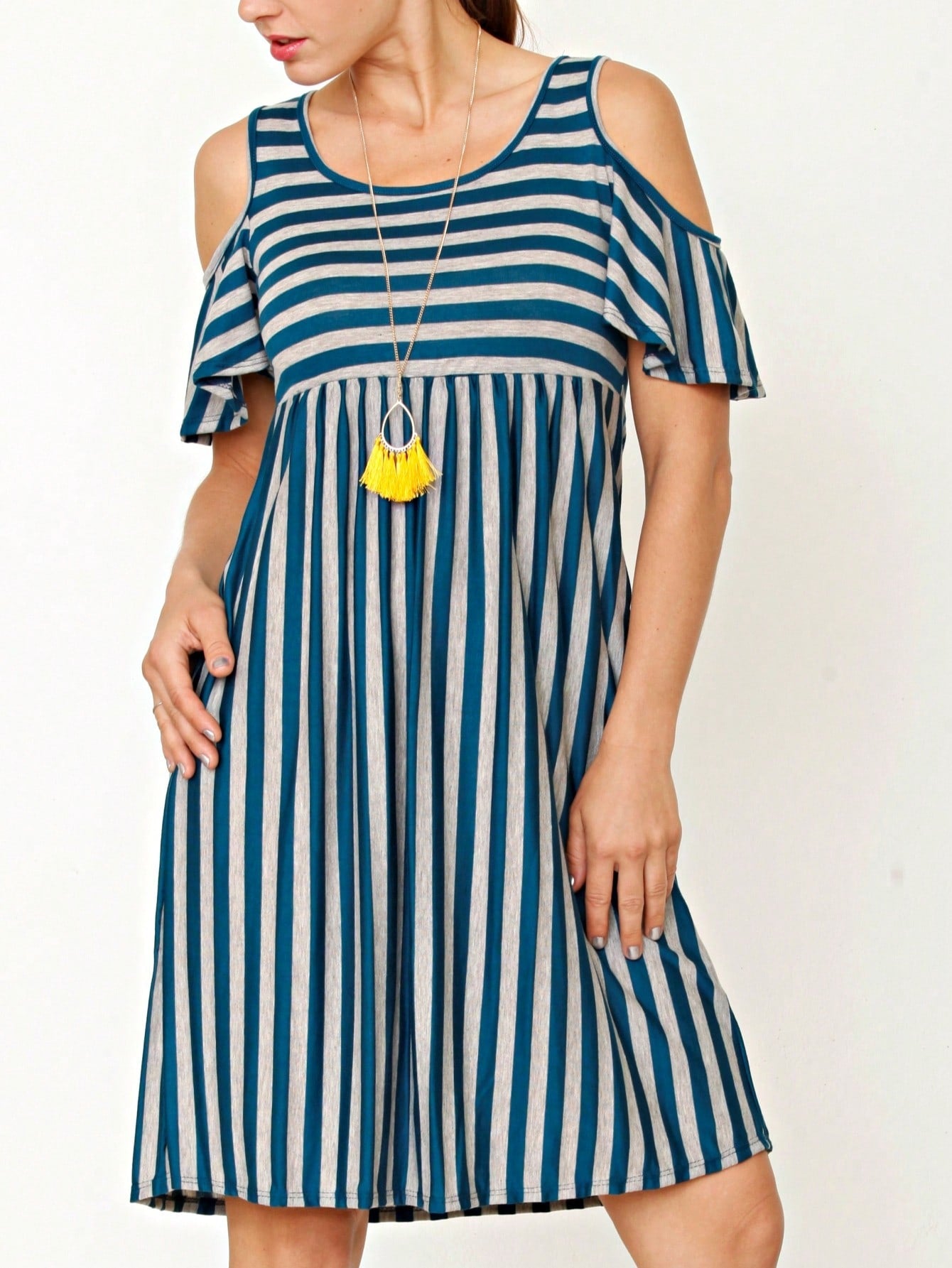 Boho Retro Gingham Rayon Summer Cool Soft Half Sleeve Ruffle Bell Stripe Midi Dress
