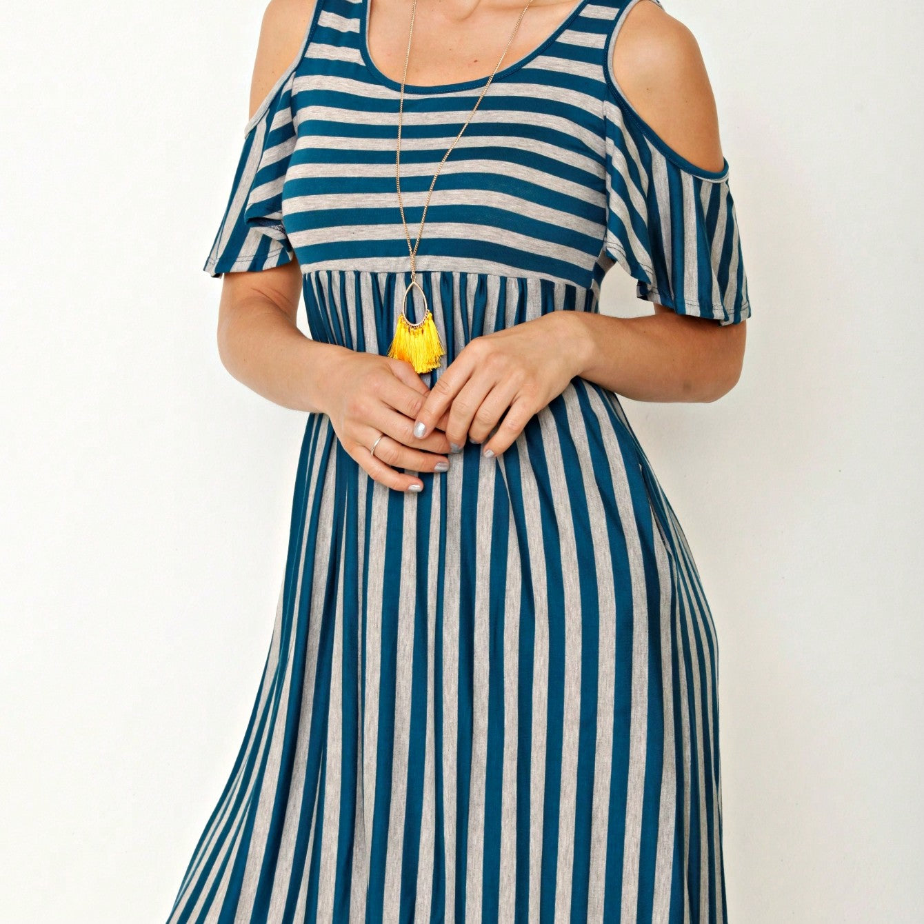 Boho Retro Gingham Rayon Summer Cool Soft Half Sleeve Ruffle Bell Stripe Midi Dress
