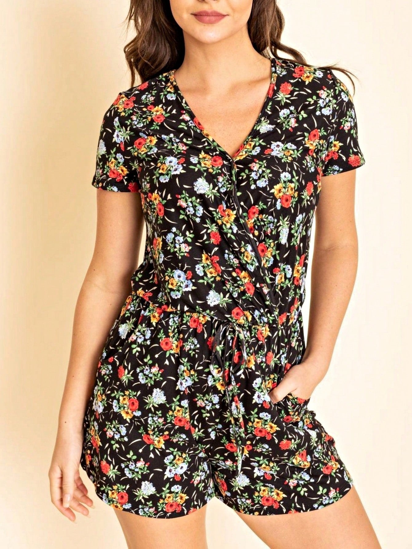 Boho Retro Casual Animal Floral Leopard  Print Pink Brown Grey White Ivory  Romper Short Sleeve V-Neck Surplice Jumpsuit