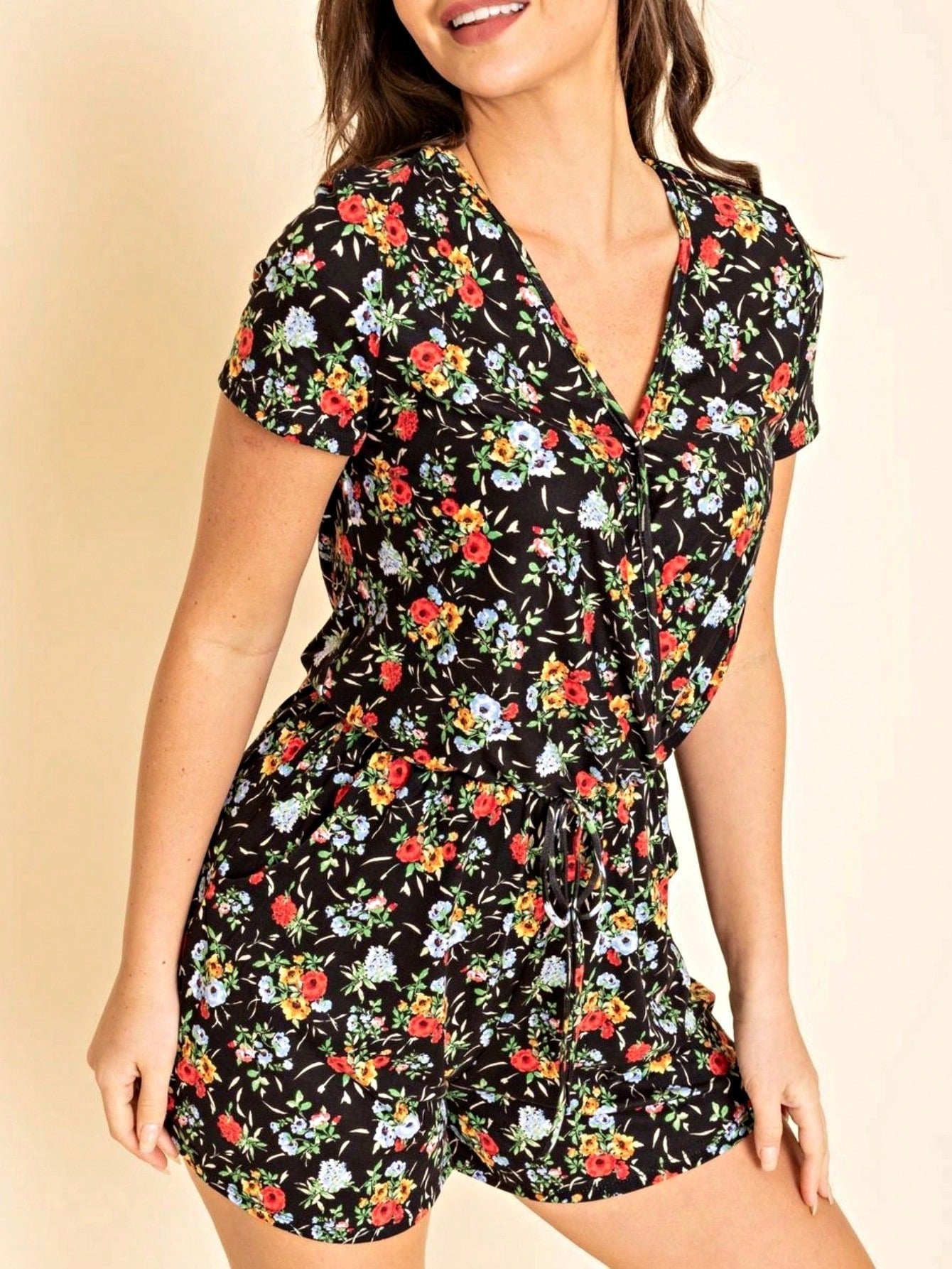 Boho Retro Casual Animal Floral Leopard  Print Pink Brown Grey White Ivory  Romper Short Sleeve V-Neck Surplice Jumpsuit