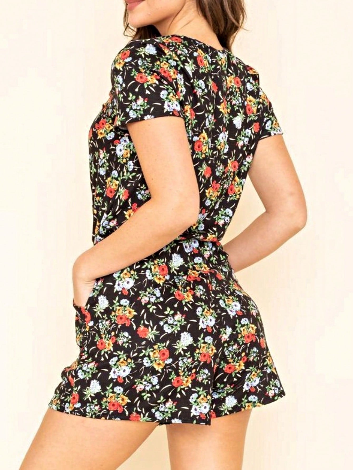 Boho Retro Casual Animal Floral Leopard  Print Pink Brown Grey White Ivory  Romper Short Sleeve V-Neck Surplice Jumpsuit