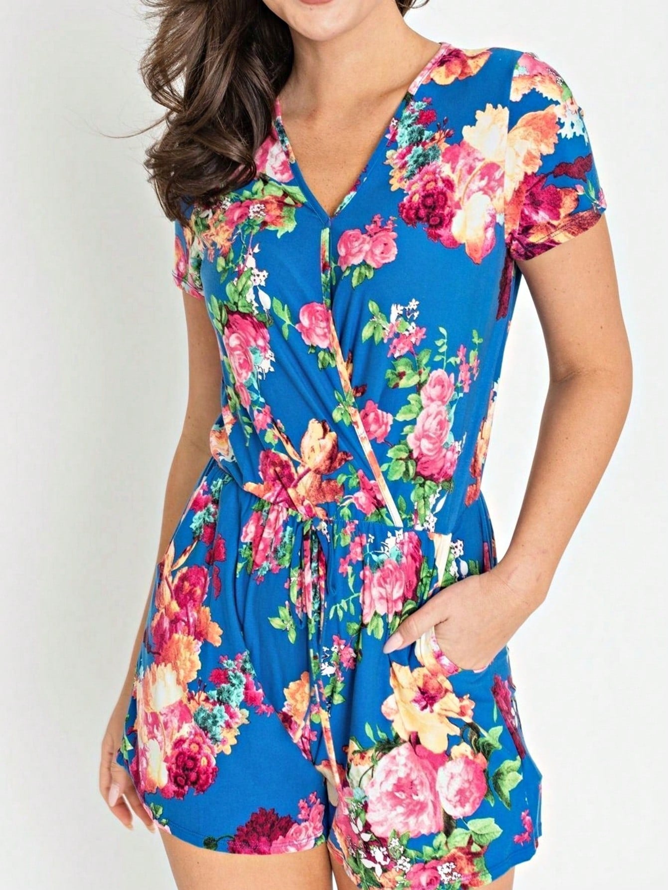 Boho Retro Casual Animal Floral Leopard  Print Pink Brown Grey White Ivory  Romper Short Sleeve V-Neck Surplice Jumpsuit