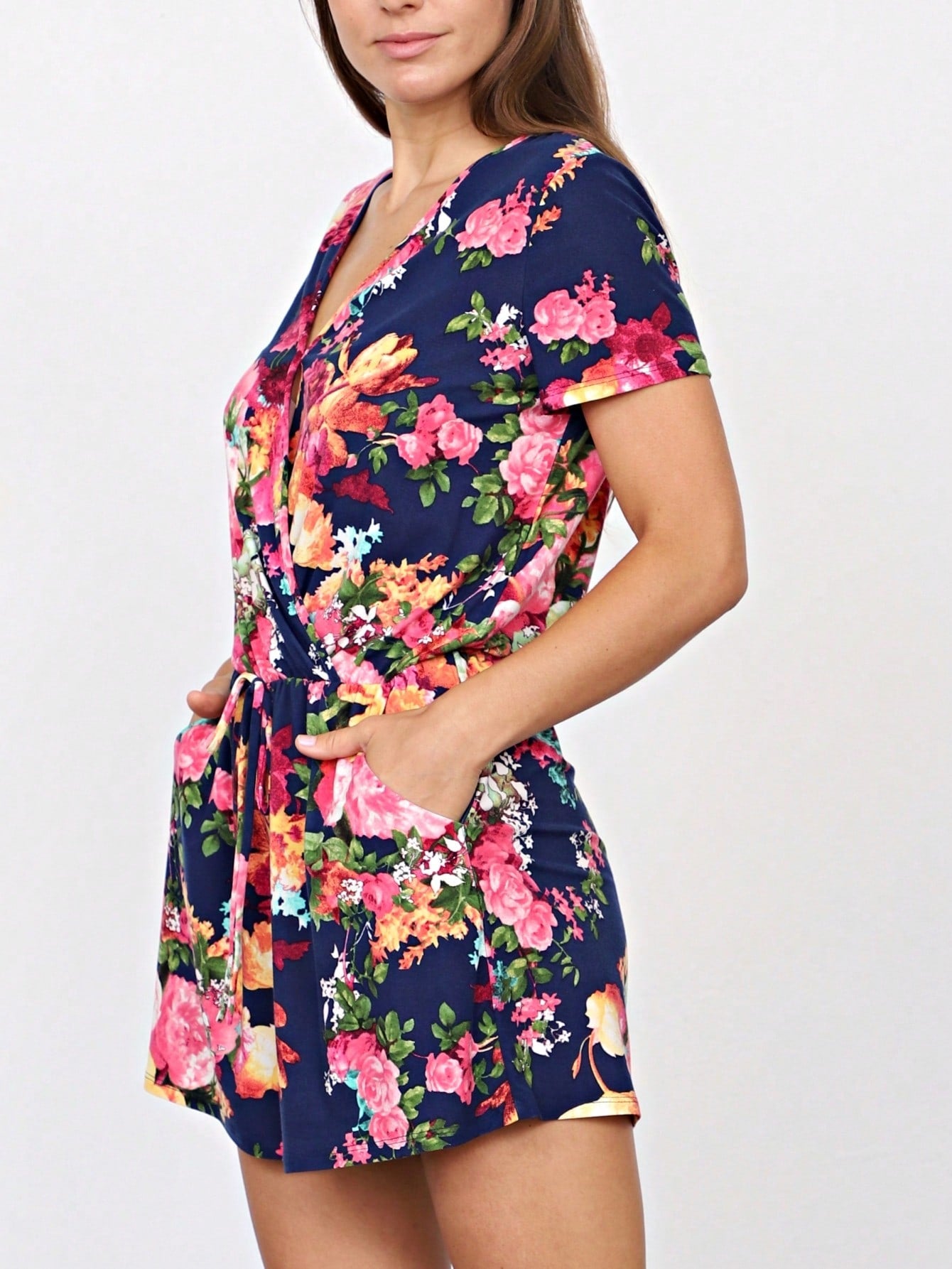 Boho Retro Casual Animal Floral Leopard  Print Pink Brown Grey White Ivory  Romper Short Sleeve V-Neck Surplice Jumpsuit