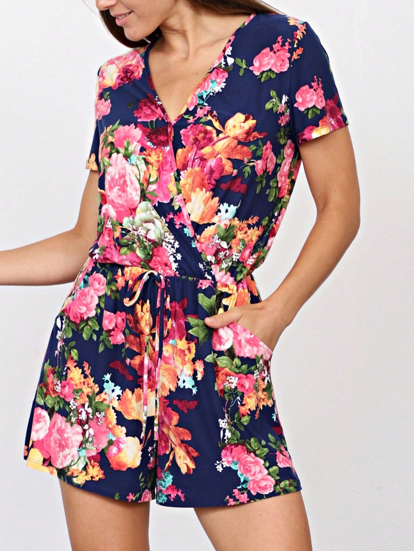 Boho Retro Casual Animal Floral Leopard  Print Pink Brown Grey White Ivory  Romper Short Sleeve V-Neck Surplice Jumpsuit