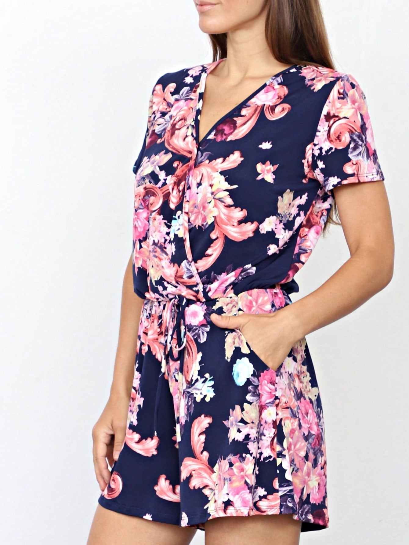 Boho Retro Casual Animal Floral Leopard  Print Pink Brown Grey White Ivory  Romper Short Sleeve V-Neck Surplice Jumpsuit