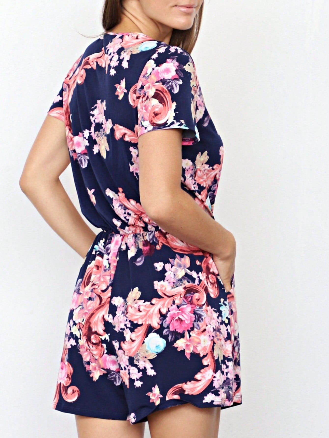 Boho Retro Casual Animal Floral Leopard  Print Pink Brown Grey White Ivory  Romper Short Sleeve V-Neck Surplice Jumpsuit