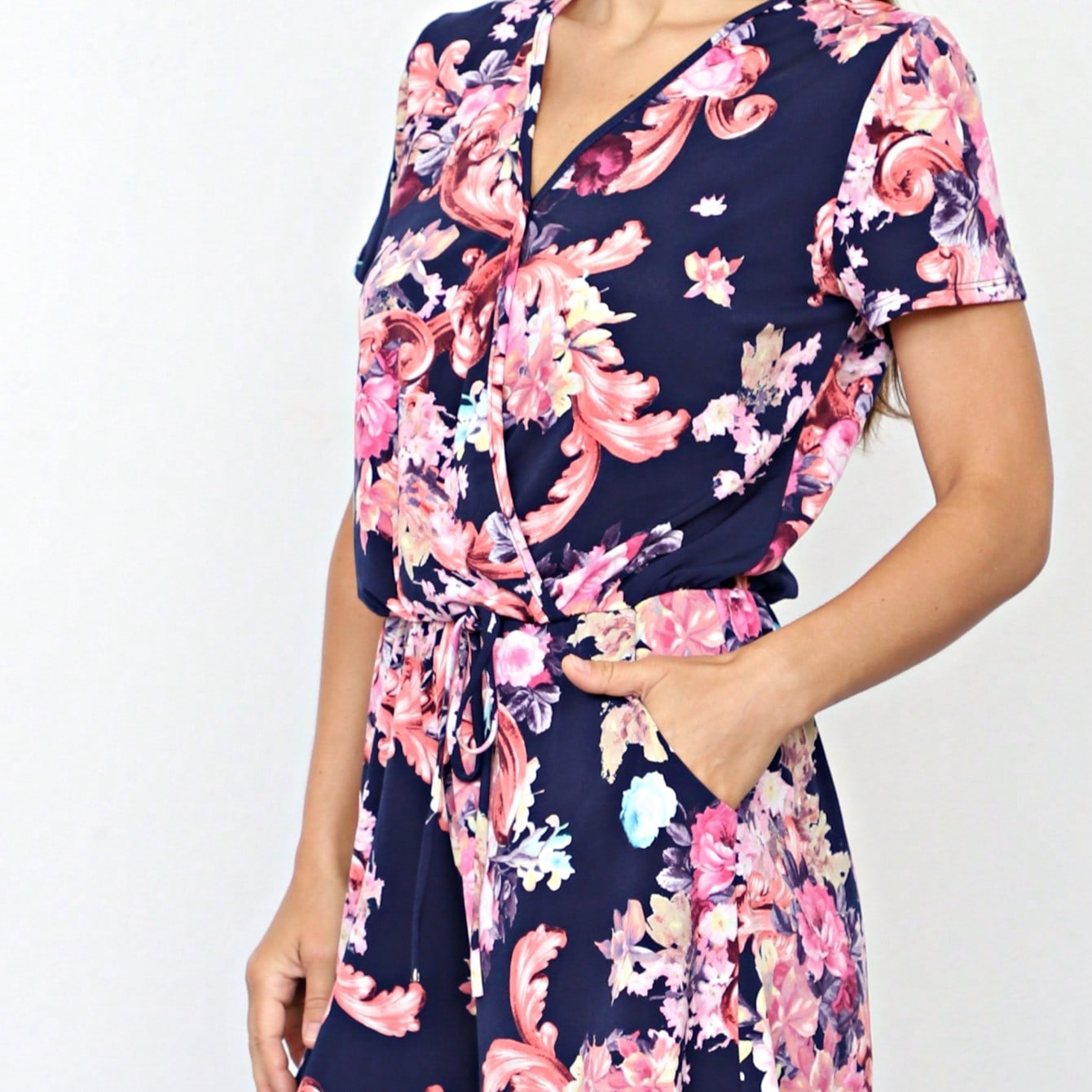 Boho Retro Casual Animal Floral Leopard  Print Pink Brown Grey White Ivory  Romper Short Sleeve V-Neck Surplice Jumpsuit