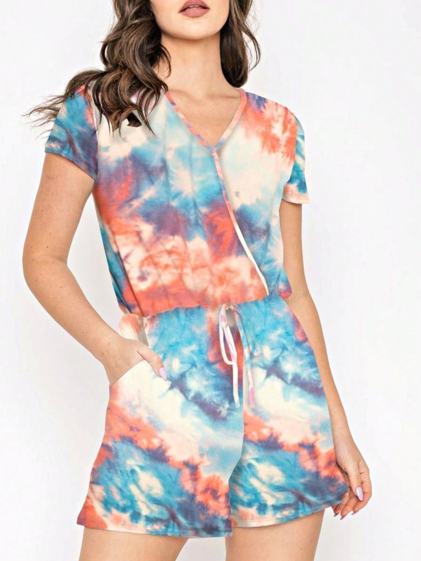 Boho Retro Casual Animal Floral Leopard  Print Pink Brown Grey White Ivory  Romper Short Sleeve V-Neck Surplice Jumpsuit