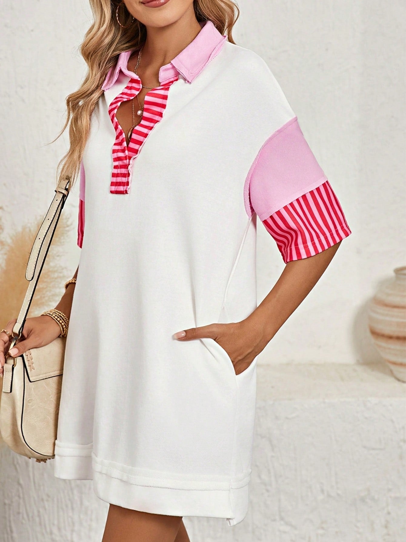 Boho Retro Vintage 90's Stripe Cotton Drop Shoulder Over Size V Neck Rugby  Preppy Shirt  Top Pullover Sweater