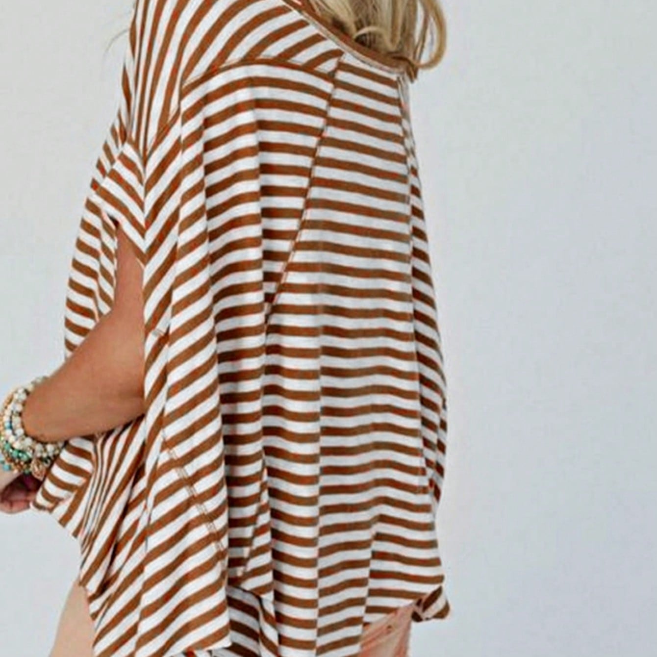 Boho Retro Cotton Drop Shoulder Over Size Stripe  Knit  Top Pull Over Sweater Sweatshirt