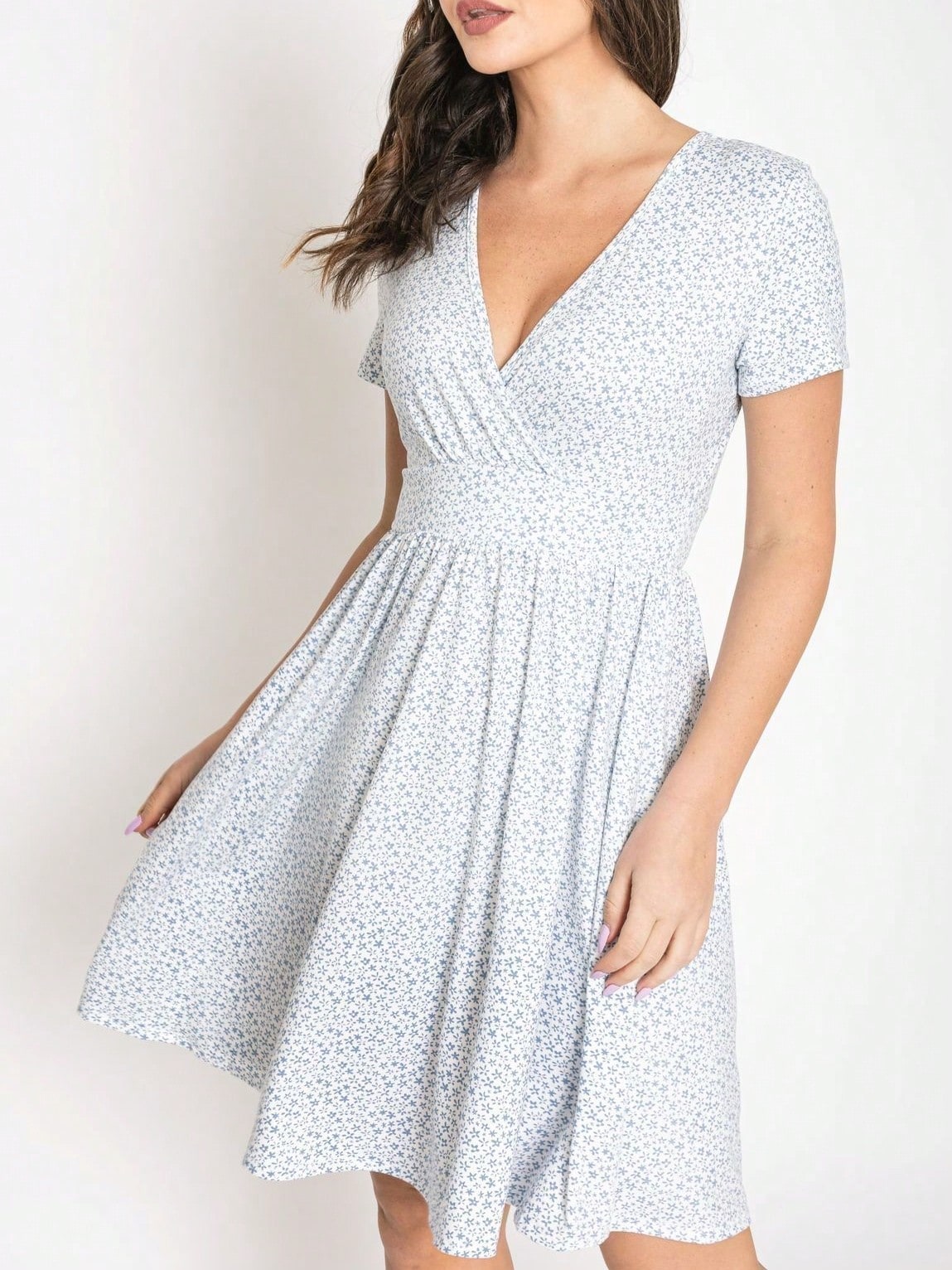 Boho Retro Sage Navy Pink Black Ditsy Floral Surplice Deep V Neck Band Waist Shirring Soft Swing Dress Small To 3 XL Plus