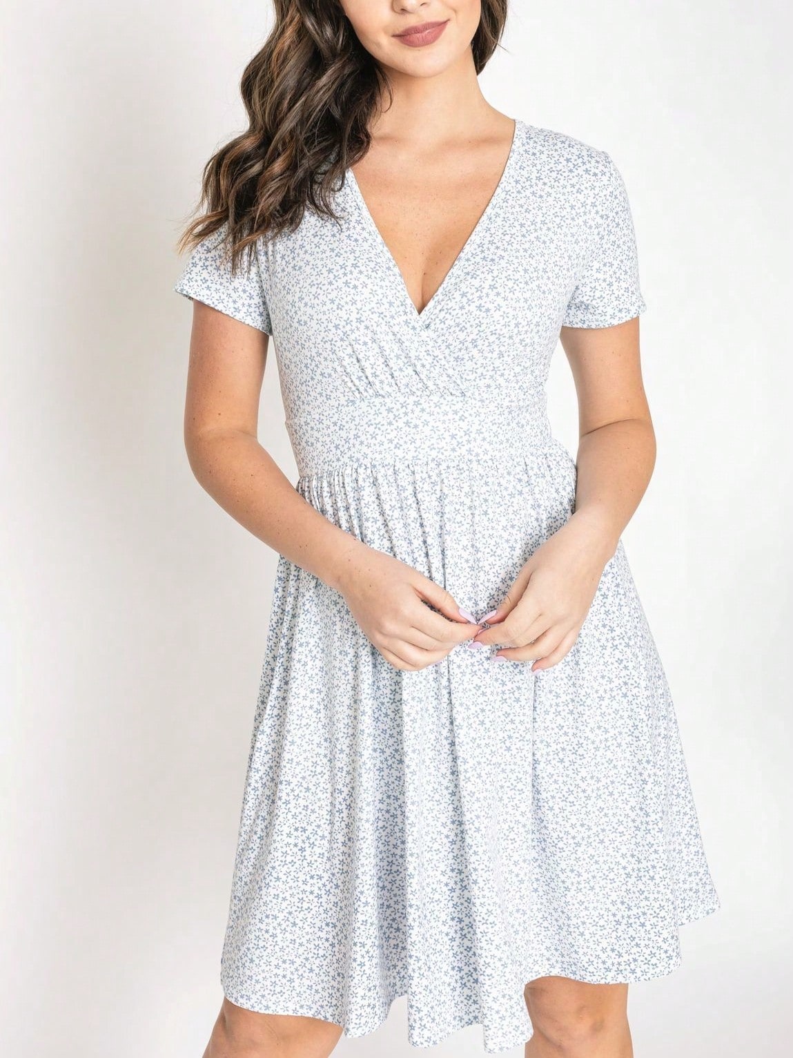 Boho Retro Sage Navy Pink Black Ditsy Floral Surplice Deep V Neck Band Waist Shirring Soft Swing Dress Small To 3 XL Plus