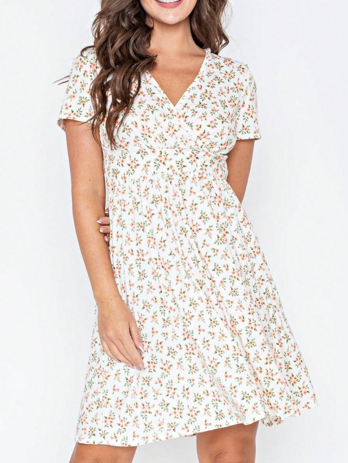 Boho Retro Sage Navy Pink Black Ditsy Floral Surplice Deep V Neck Band Waist Shirring Soft Swing Dress Small To 3 XL Plus